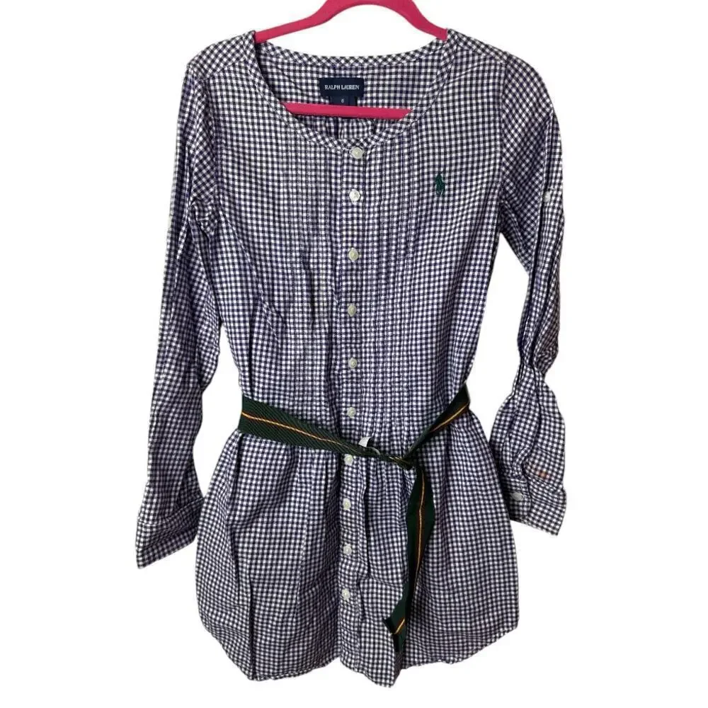 Ralph Lauren Purple Gingham Check Long Sleeve Button Up Dress Girls Size 8